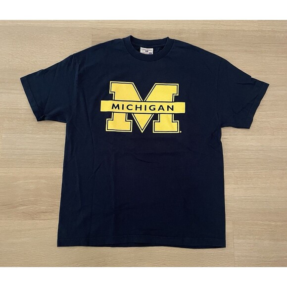 VTG Michigan Wolverines Crewneck Y2K T Shirt Big UofM Maize Blue Cotton XL - Picture 1 of 7